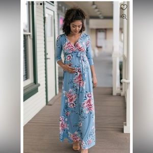 Pink Blush Maternity Blue Floral Sash Tie Maternity Maxi Dress